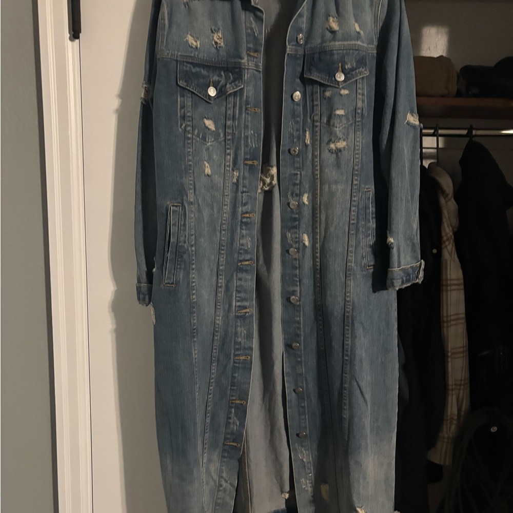 Distressed Long Denim Trench Coat - Light Blue